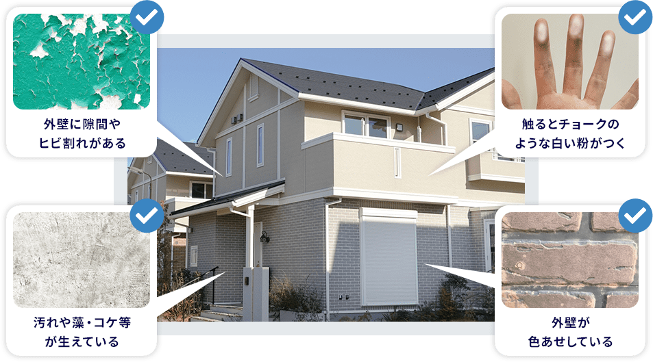 外壁に隙間やひび割れがある。外壁に隙間やひび割れがある。外壁に隙間やひび割れがある。外壁が色あせしている。