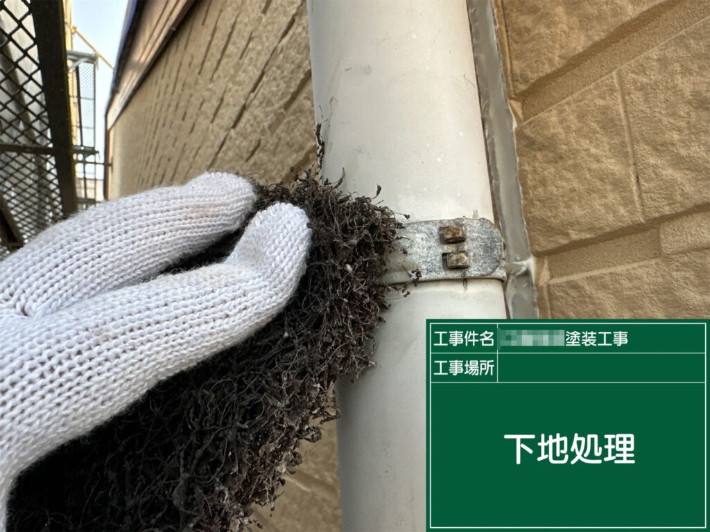 竪樋まわりのケレン（目荒らし）を行い、汚れや粉化した旧塗膜を除去します。塗料の密着性を高め、剥がれにくい下地を整えます。